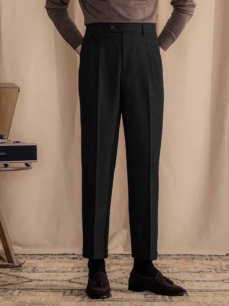 Herringbone Mens Dress Pants Pleated Straight Leg Formal Pants for Work Wedding