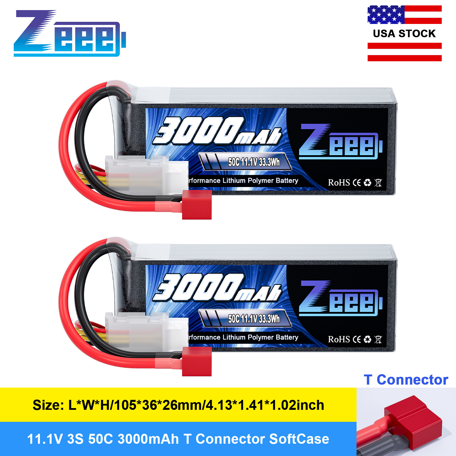 2x Zeee 11.1V 50C 3S Lipo Battery 3000mAh T Plug for RC Airplane UAV Drone Car
