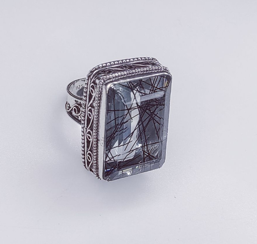 Black Rutialted Quartz Gemstone Handmade 925 Sterling Silver Jewelry Ring