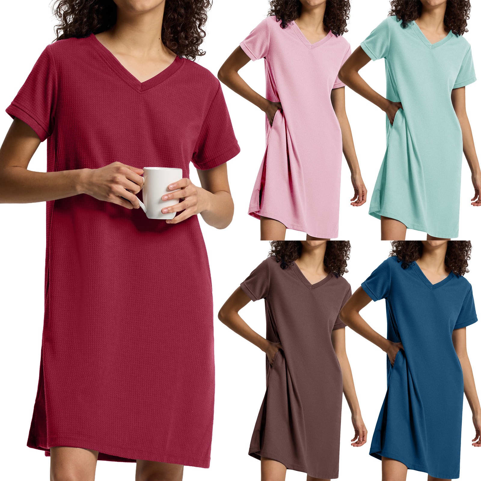 SIORO Women Short Sleeve Nightgowns Comfy Sleepshirt Sleepwear Waffle Loungewear