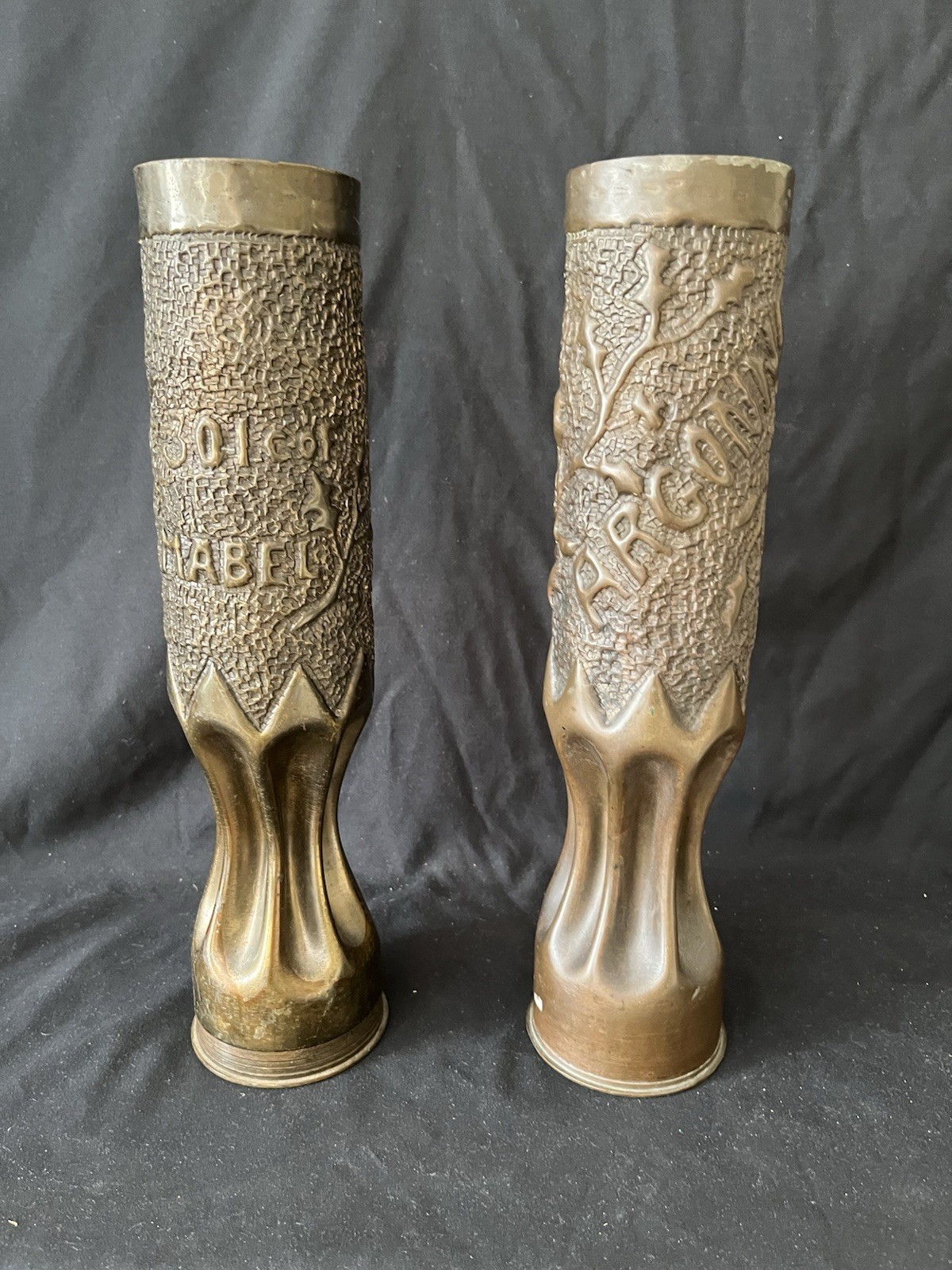Pair Highly Decorated Dated 1918 WW1 Trench Art Brass 75MM