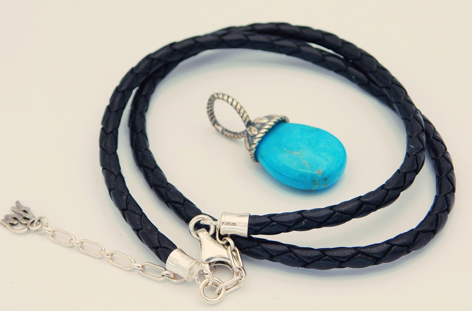 New Carolyn Pollack Sterling Turquoise Pendant and Black Leather Necklace