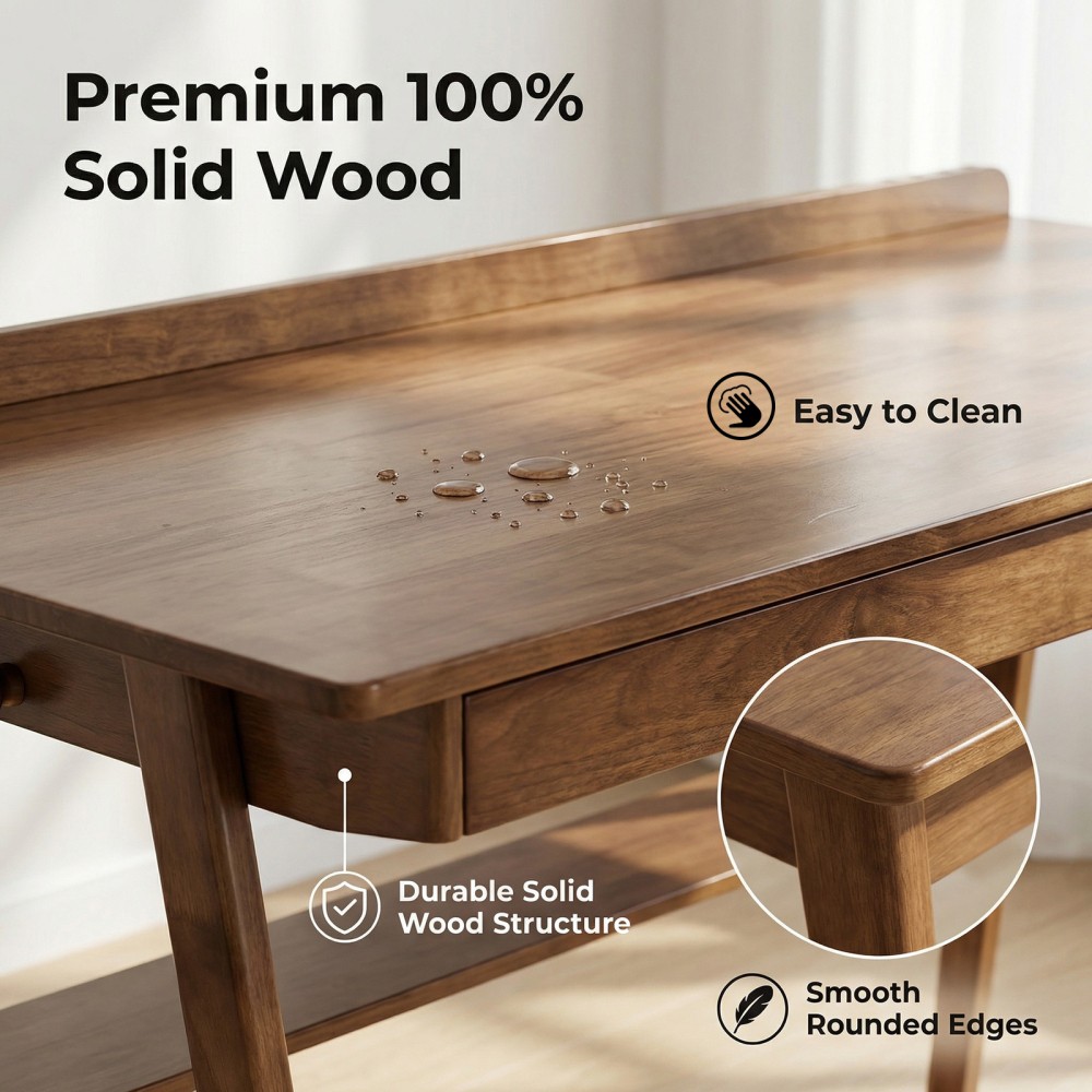 Solid Wood Writing Desk, Mid-Century Modern with 2 Drawers & Shelf