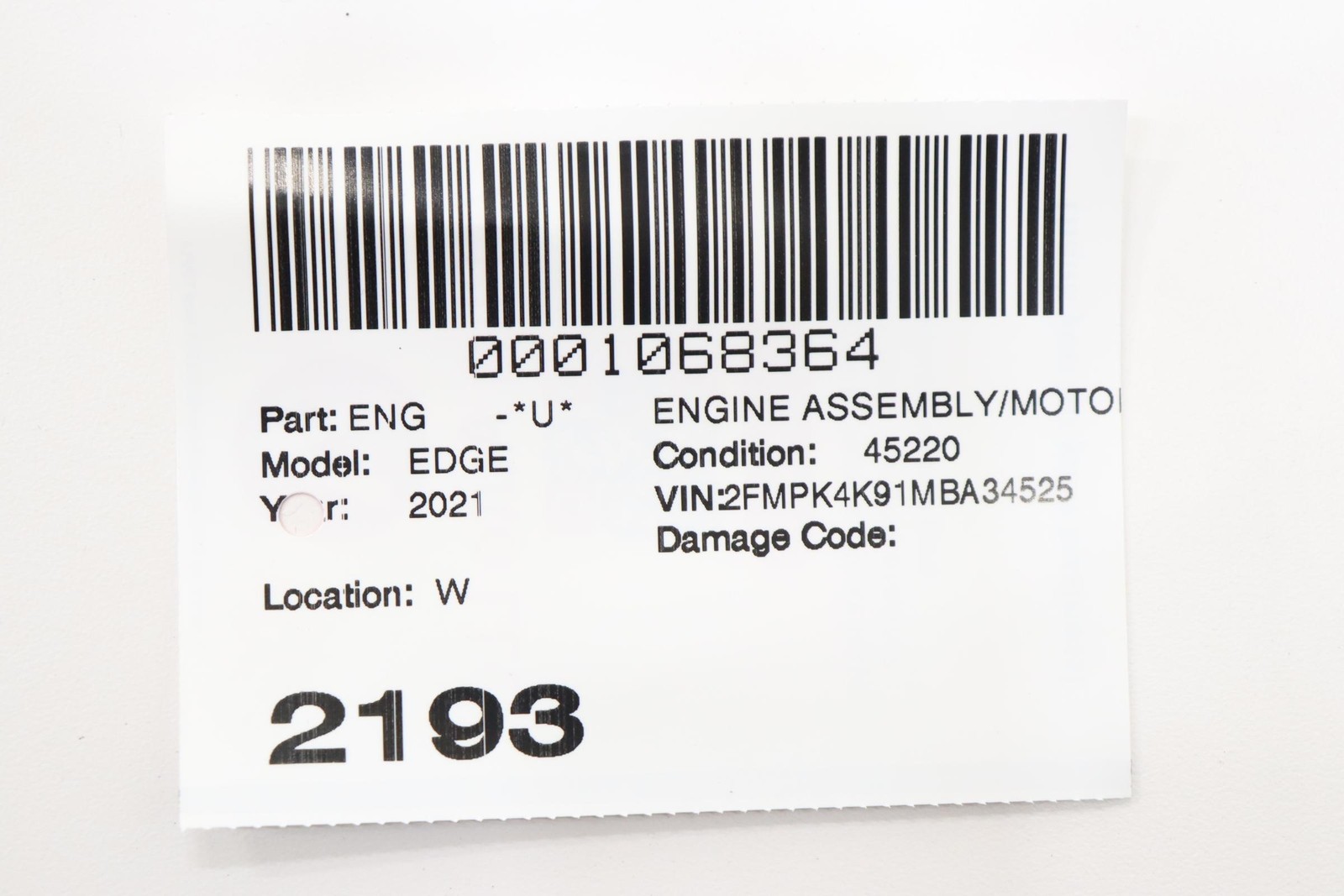 2019 - 2021 FORD EDGE 2.0L ECOBOOST LJ7E DOHC ENGINE MOTOR VIN 9 8TH DIGIT OEM
