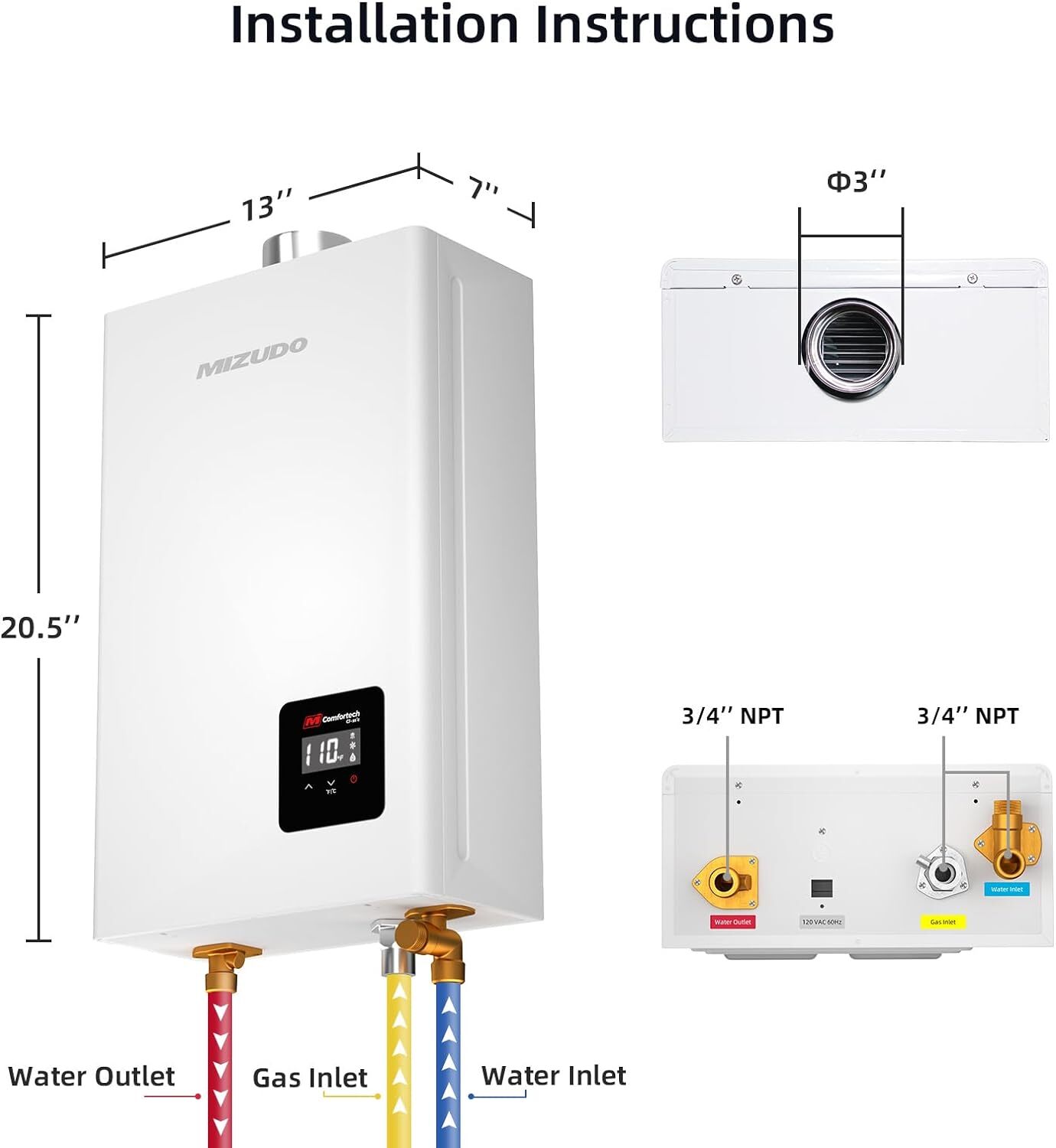 MIZUDO 3.6 GPM Indoor Tankless Water Heater On-Demand Whole House Natural Gas
