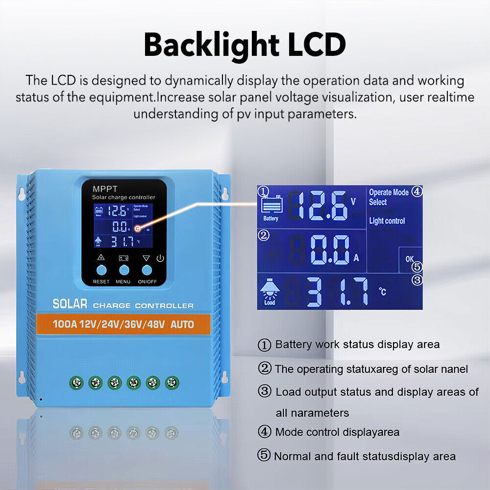 4800W 100A MPPT Solar Charge Controller 12V/24V/36V/48V Battery PV Regulator NEW