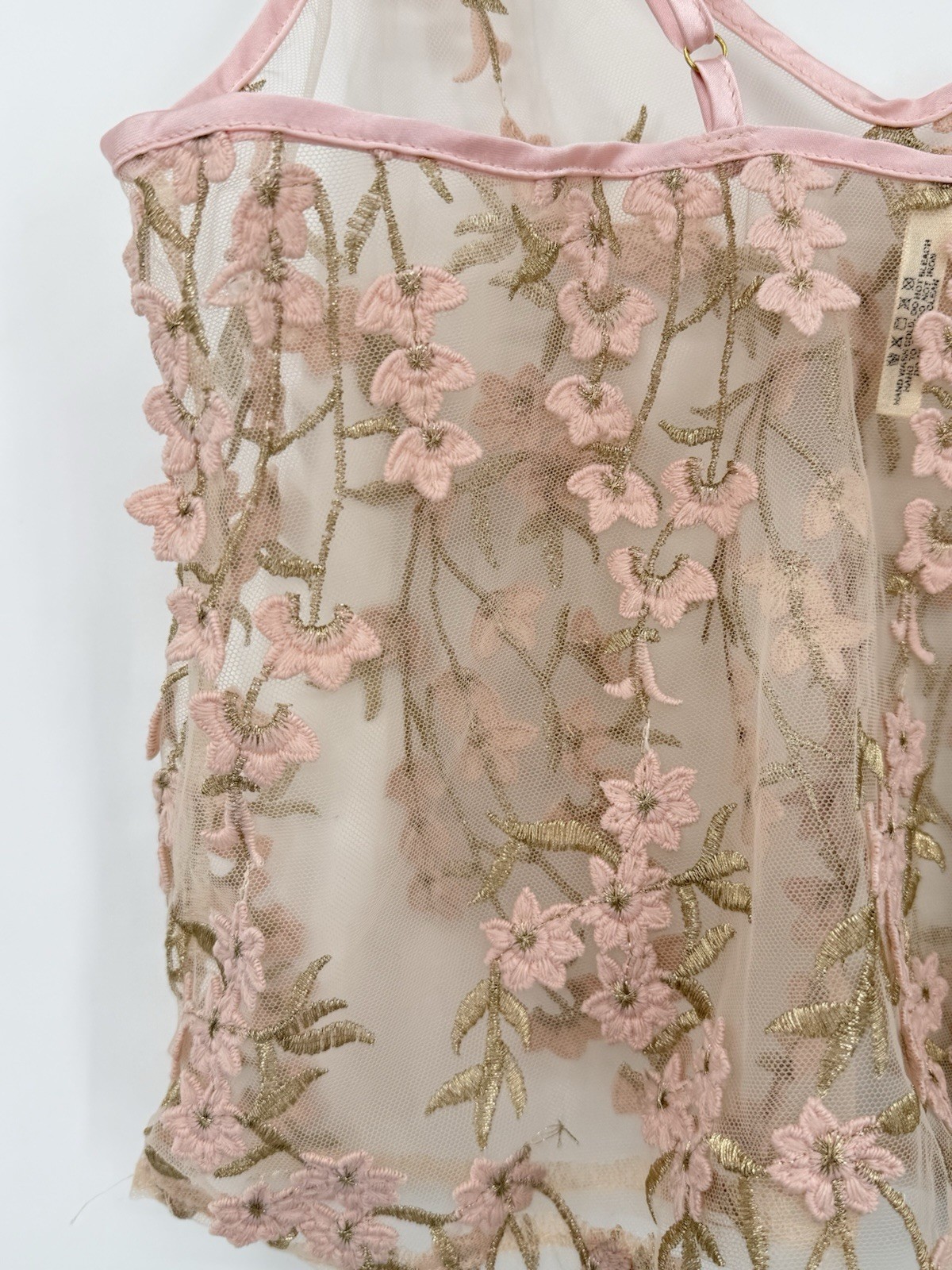 Y2K Roma Confidential Lace Sheer Floral Camisole Size M Pink Gold Embroidery