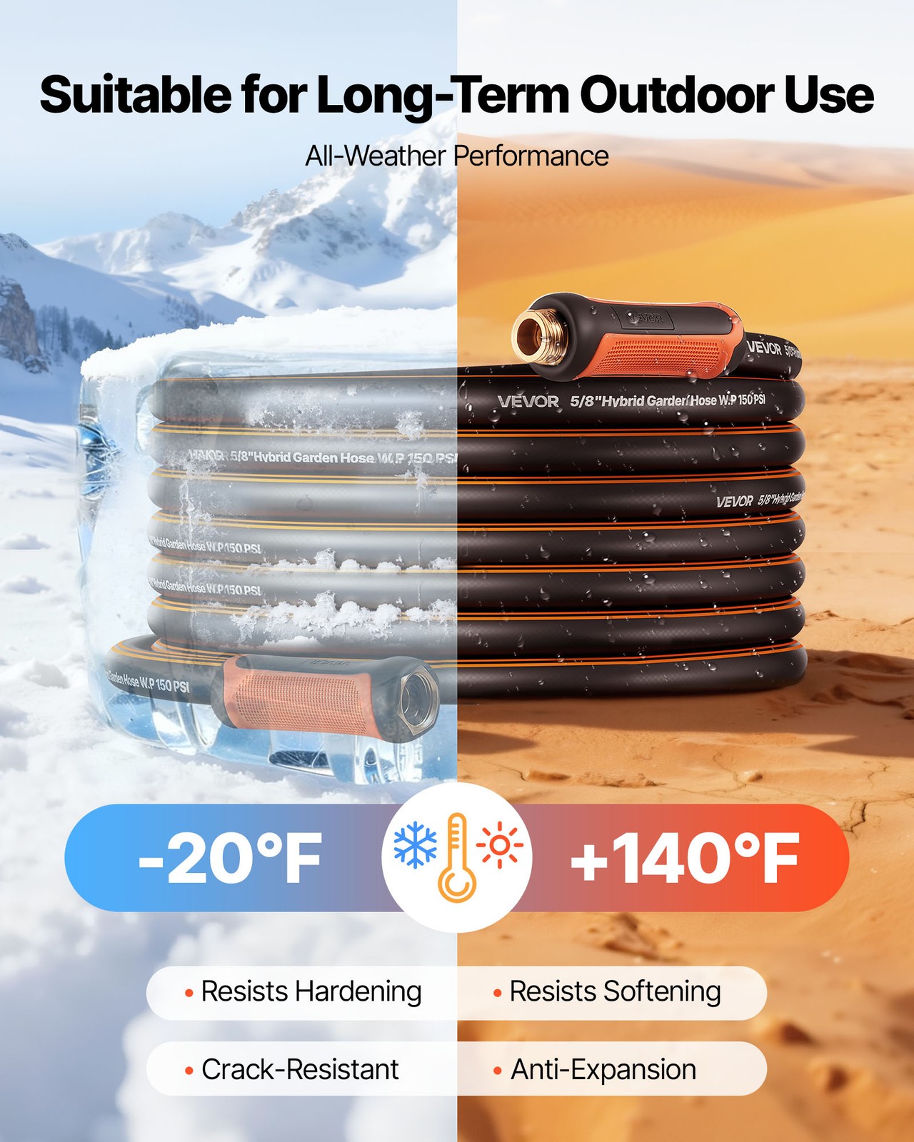 VEVOR Garden Hose 200ft 5/8" Rubber Water Hose with 10-Mode Nozzle Lightweight