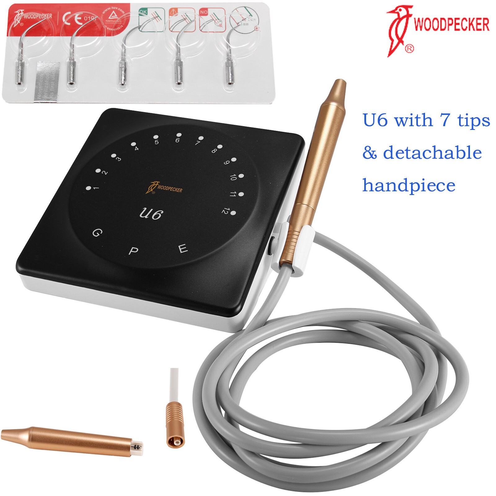 100% Woodpecker Dental U6/U6 LED Ultrasonic Piezo Scaler HW-6 Handpiece 7 Tips