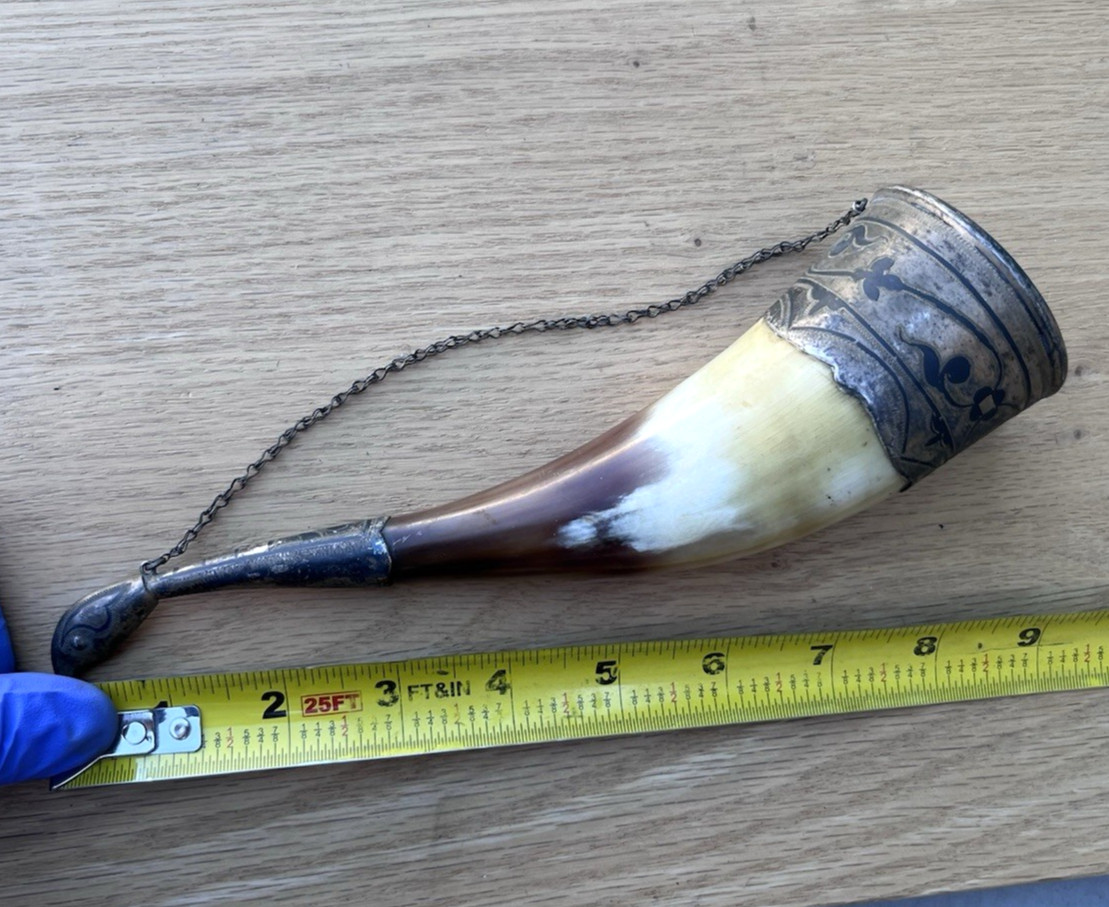 Vintage Russian Viking Caucasian Drinking Horn Sterling Silver Bird Head Chain