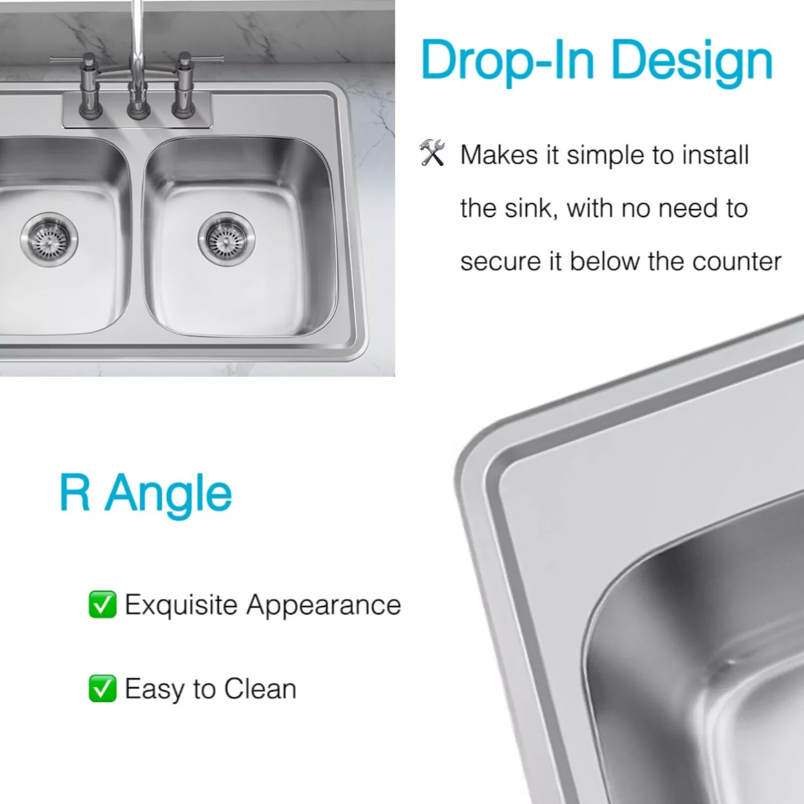 33'' x 22'' Drop In Stainless Steel Kitchen Sink, Top Mounted Deep Sink Double