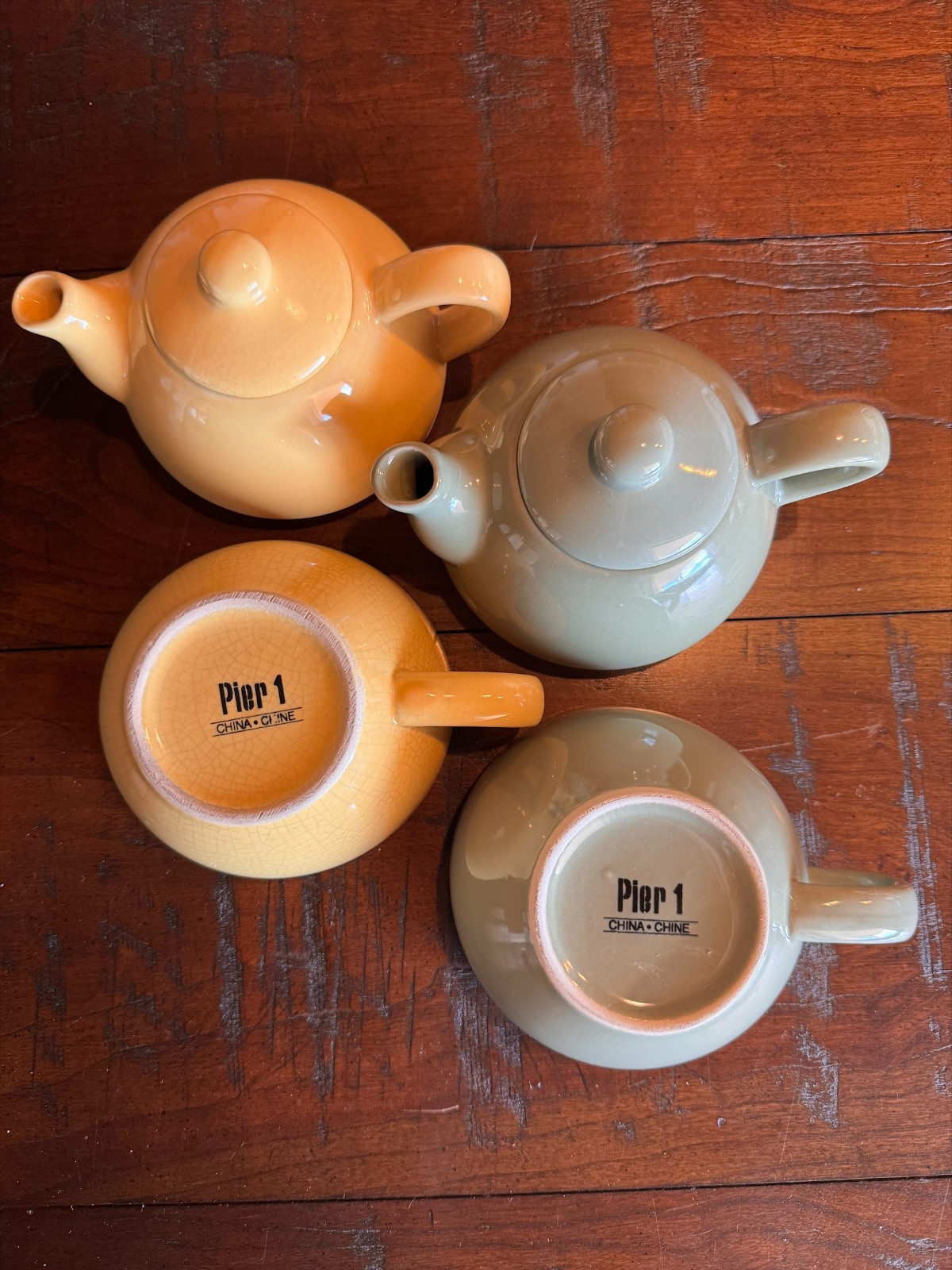 Pier 1 Teapot Mug Set Stackable Tea For One Yellow Green Crackle Glaze China Set