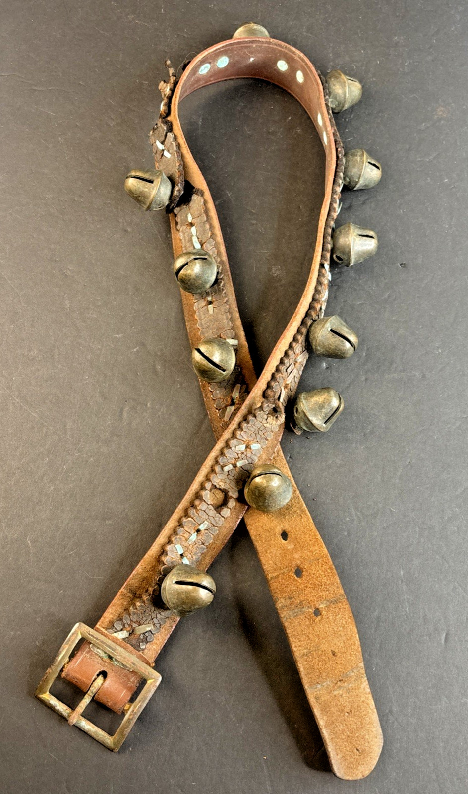 Antique 11 Brass Acorn Sleigh Bells on 41" Leather Strap w/ Copper Rivets VIDEO