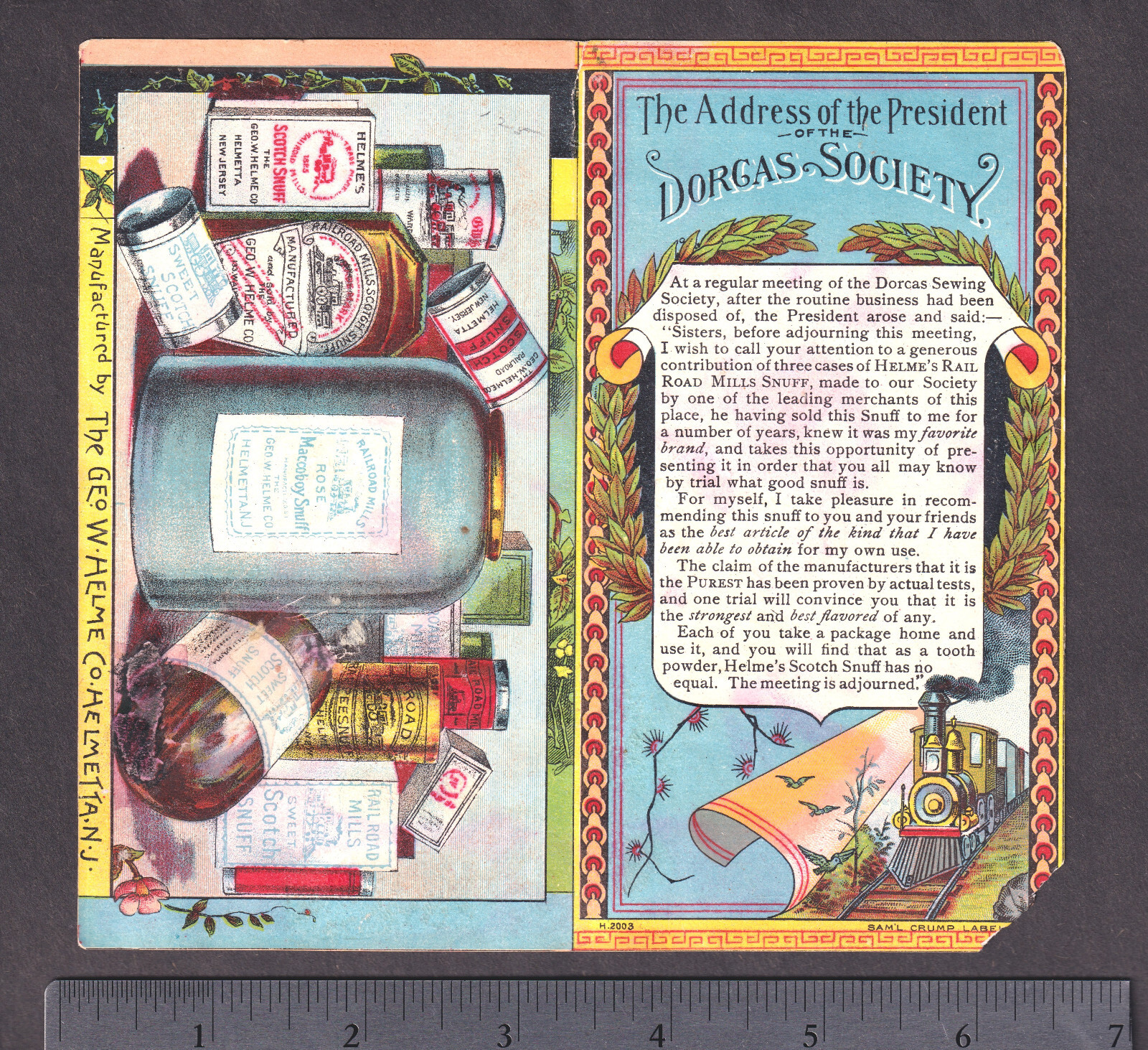 Railroad Snuff RARE 19th Century Tobacco Dorcas Sewing Society Helmes Trade Card