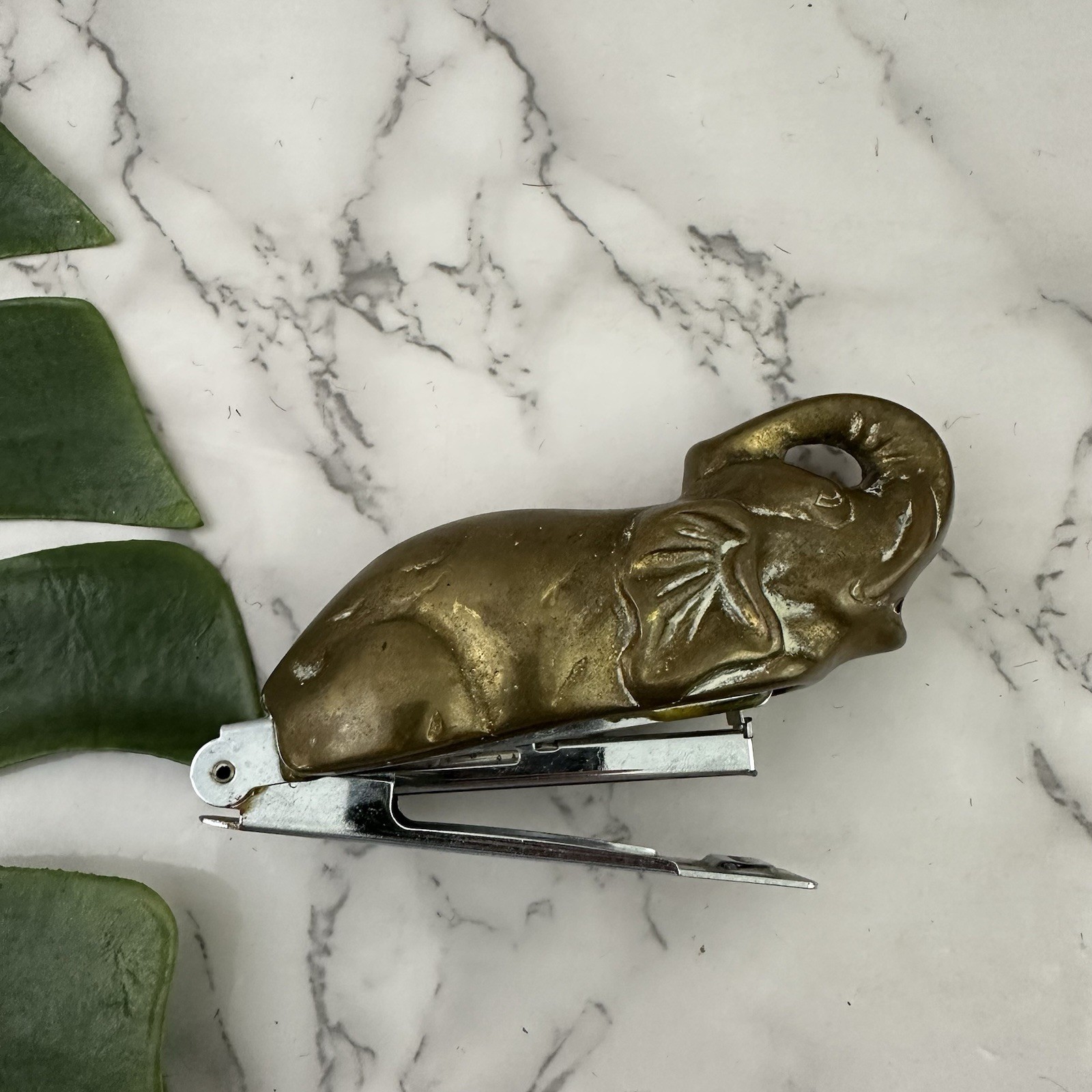 Vintage 80s Brass Elephant Stapler Tape Dispenser Set Desk Decor Metal Novelty