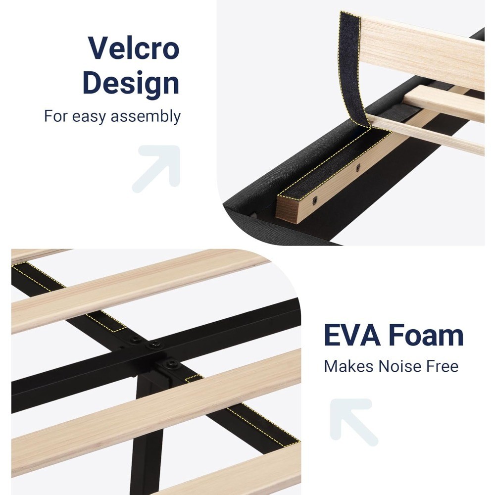 Queen Size Platform Bed Frame with Upholstered Headboard and Wood Slats Support,