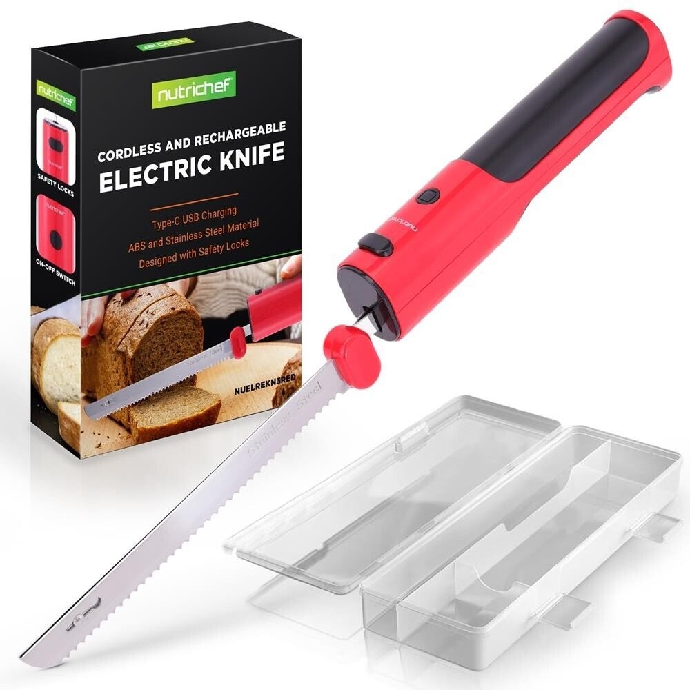 NutriChef Electric Bread Knife-Lightweight w/ Contoured Grip Handle (Red)