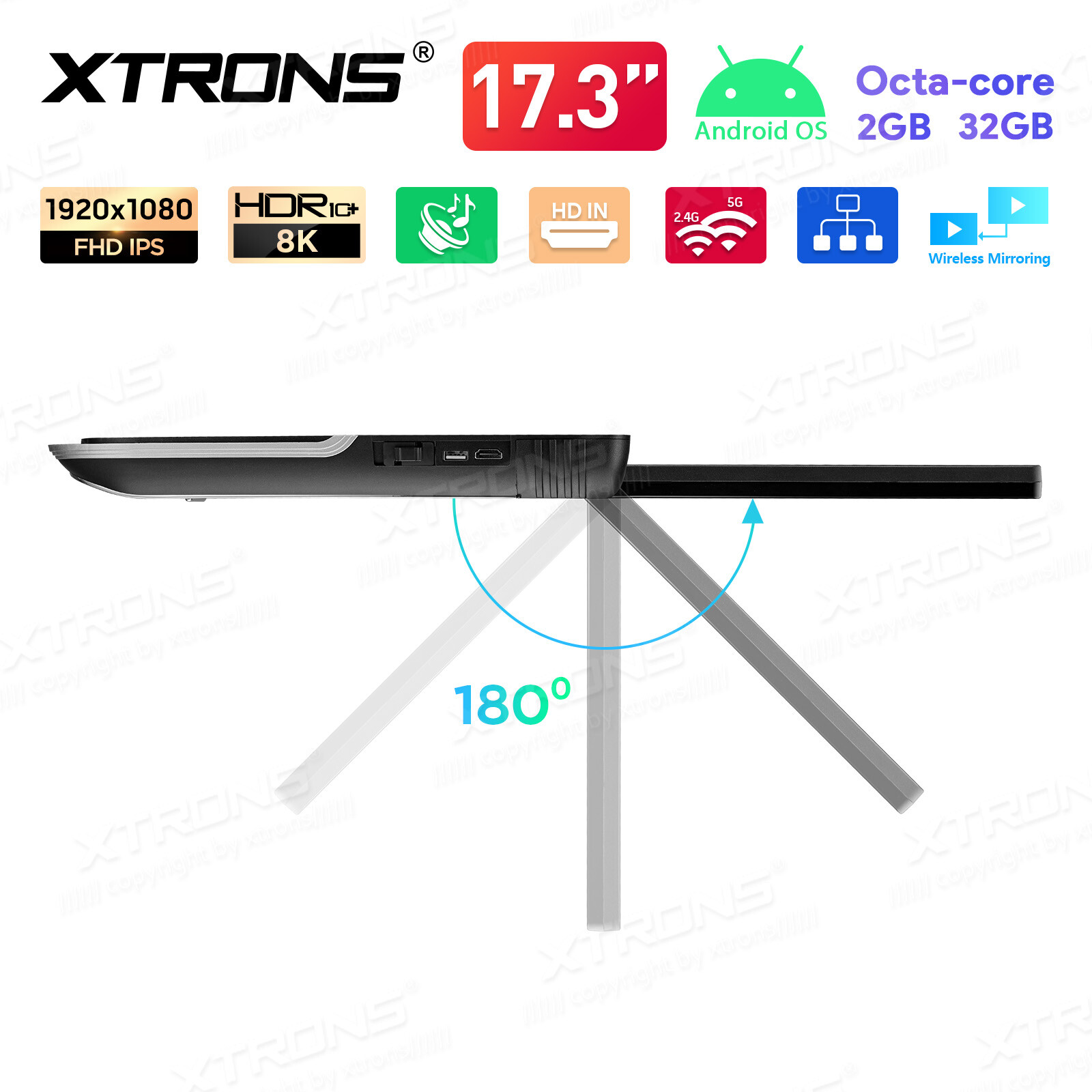 17.3" Car Roof TV Video Flip Down Overhead Monitor IPS Screen WiFi HDMI 1080P