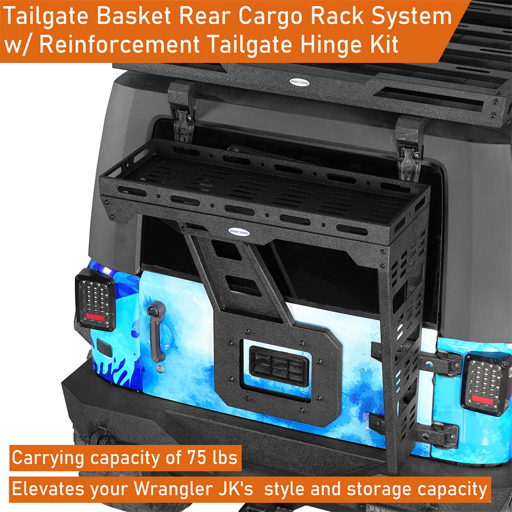 Hooke Road Tailgate Basket Rear Cargo Rack w/ Hinge for 07-18 Jeep Wrangler JK