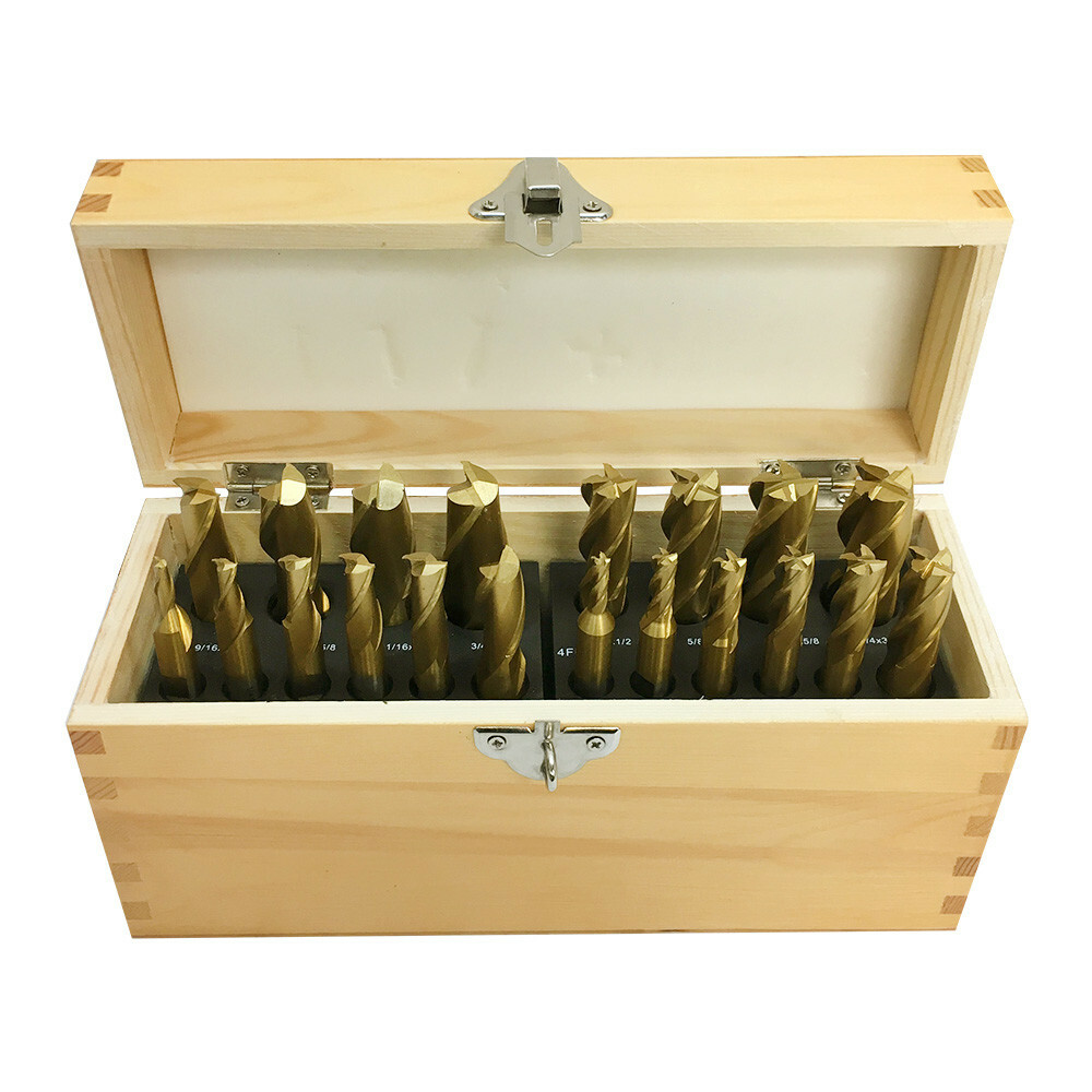 End Mill Set 20 pcs 4 & 2 Flute 3/8'' - 3/4''  HSS Tin Coated