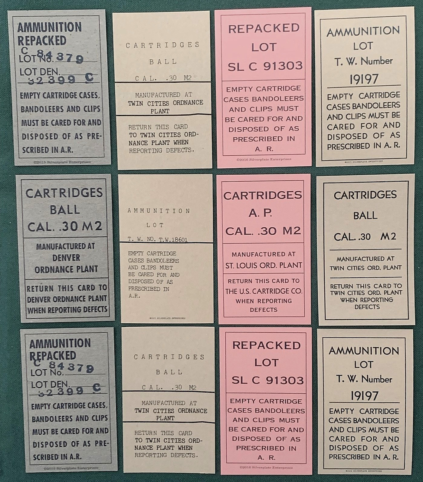 EARLY WORLD WAR II NEW REPLICA BANDOLEER LOT CARDS FOR CAL.30 M2  BALL AND A.P.