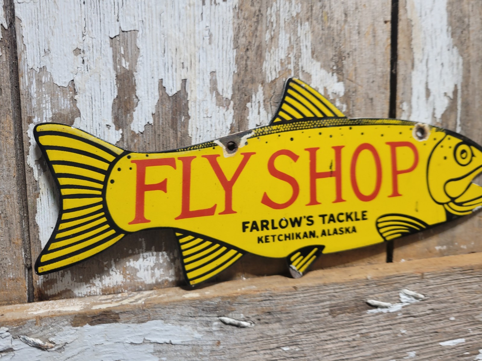 VINTAGE FISH PORCELAIN SIGN OLD FLY SHOP FARLOWS TACKLE KETCHIKAN ALASKA SALMON