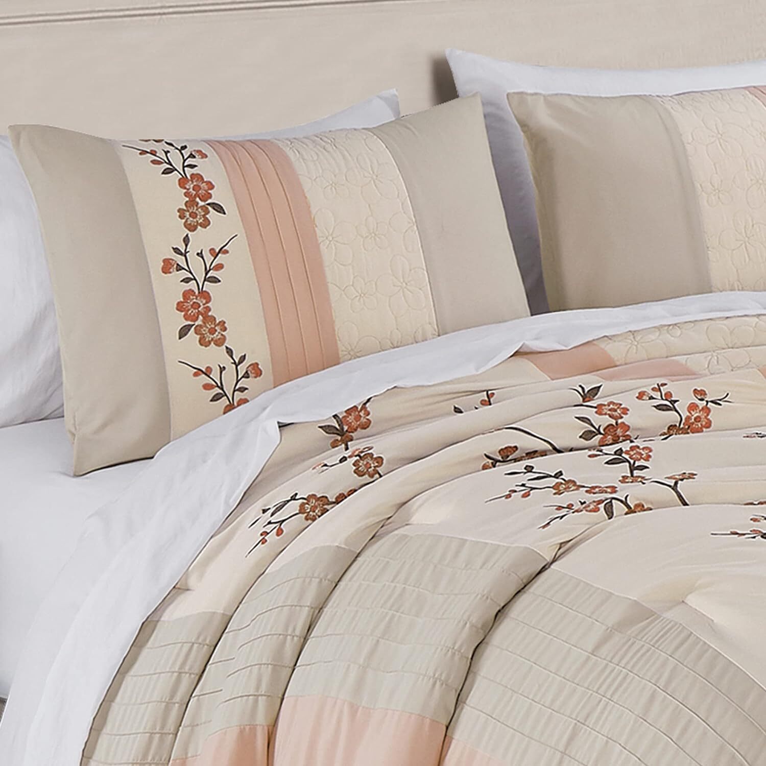 Chezmoi Collection 7-Piece Bed in a Bag Cherry Blossom Embroidery Comforter Set