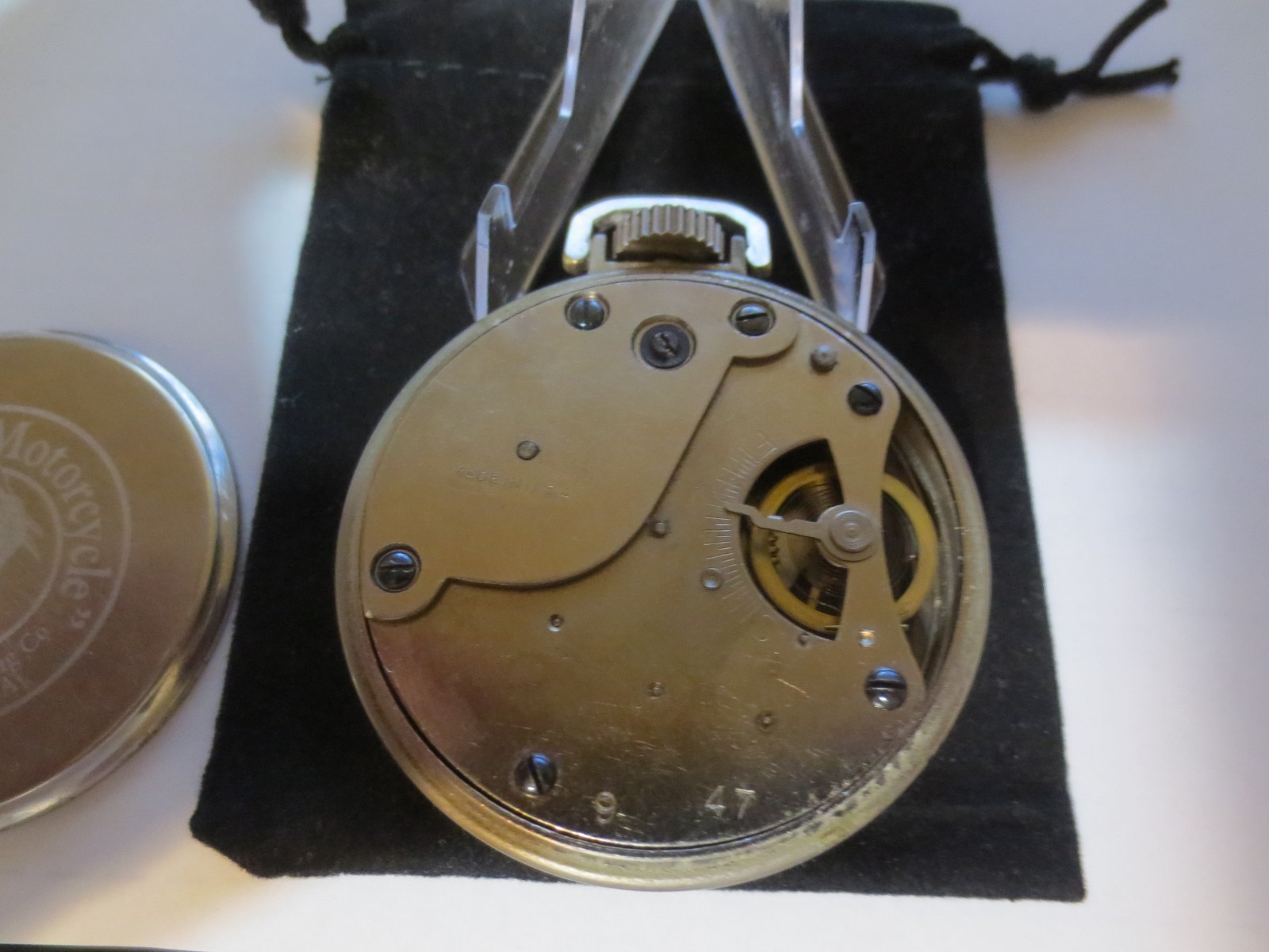 1947 16s Pocket Watch Indian Motorcycle Theme Dial & Case Runs Well.