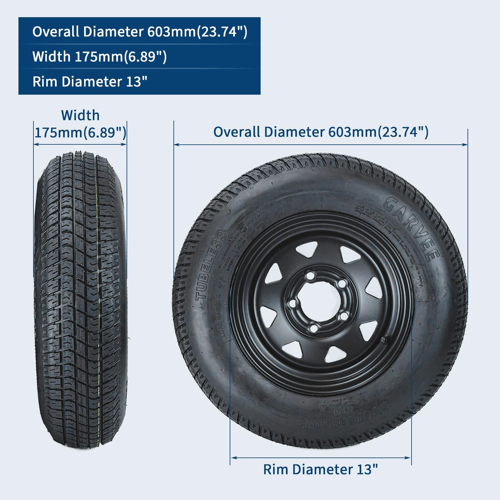 2 Pack ST175/80D13 Trailer Tires with 13" Rims 175/80 D 13 5 Lug on 4.5 Black