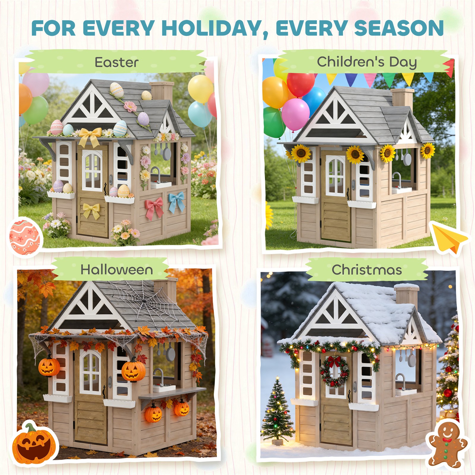 Qaba Outdoor Playhouse, Wooden Kids Playhouse with Dog Door, Cookware, Bell