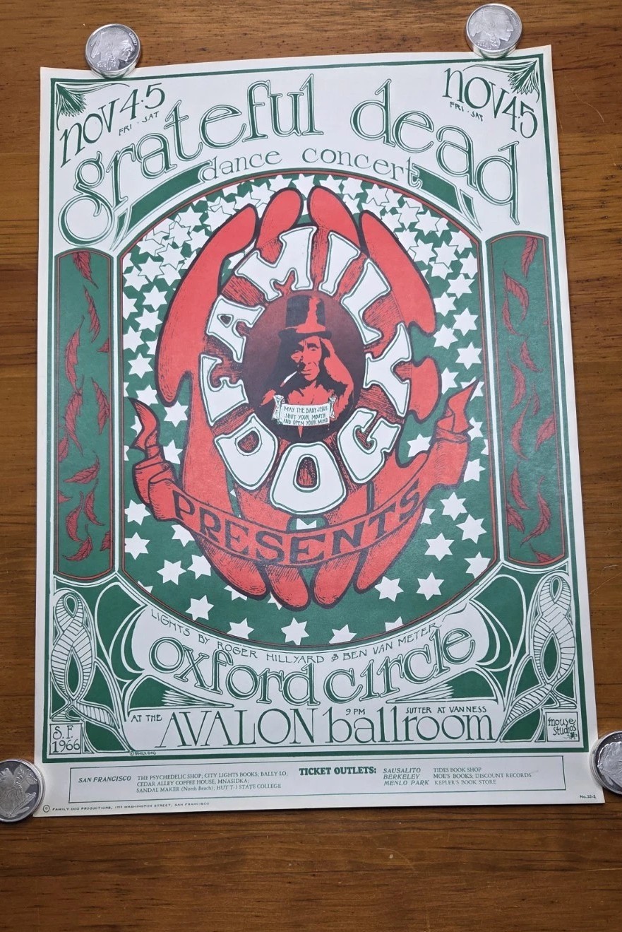 RARE 1966 GRATEFUL DEAD CONCERT POSTER FD-33-3 AVALON EXCELLENT COND.