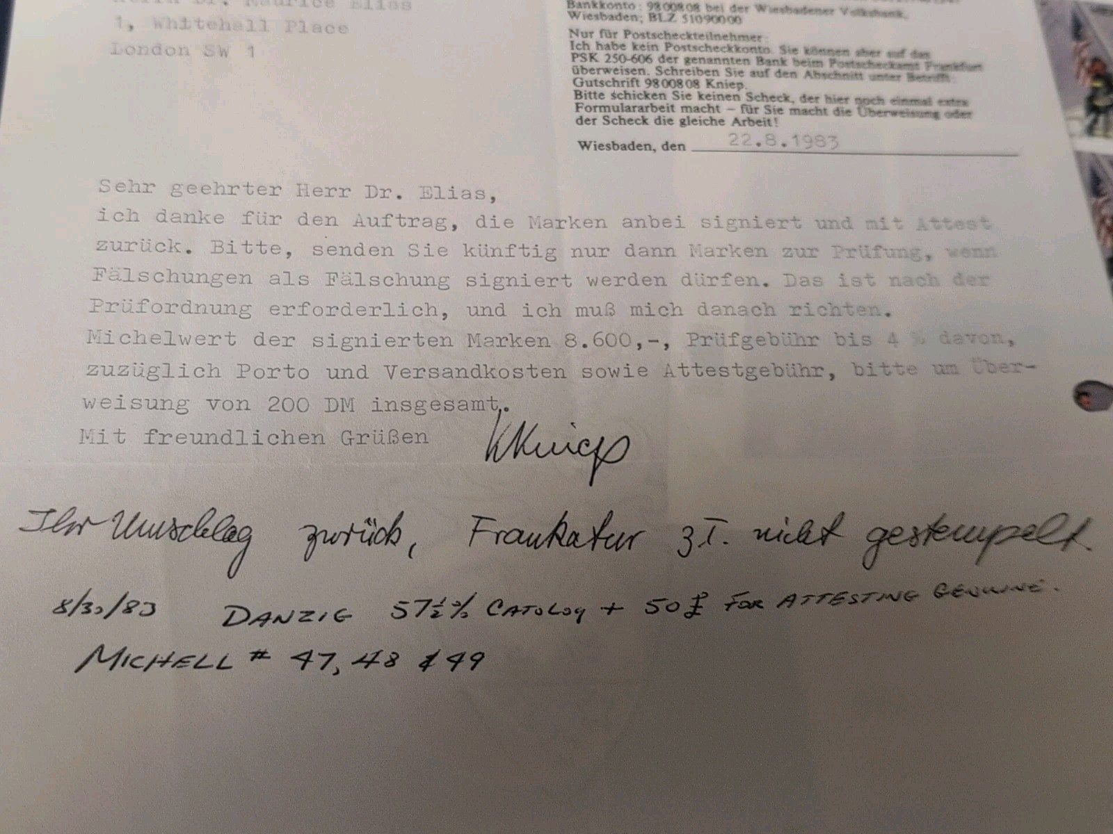 Danzig Mi# 48 MLH / Signed 2x & Karl Kniep Reciept for Geuine - S47981