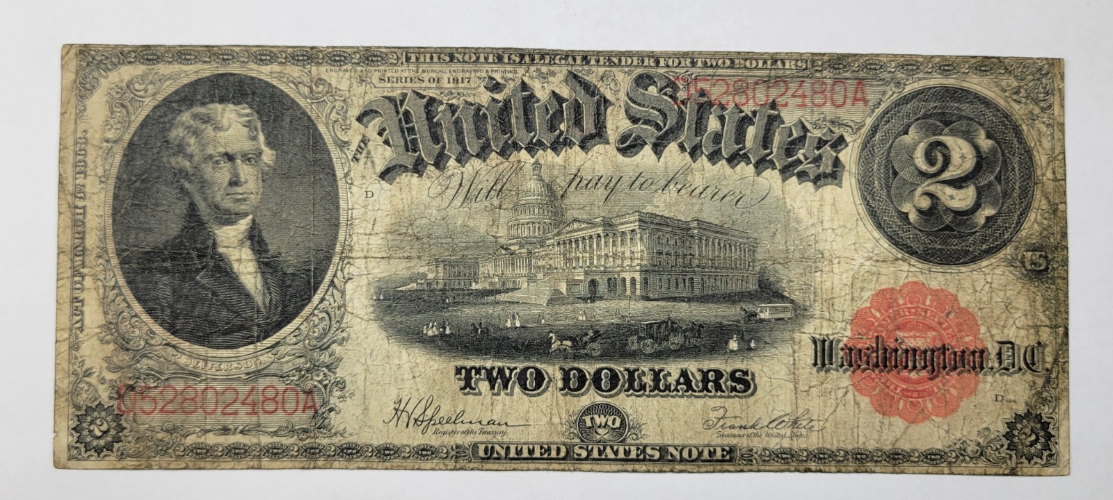 1917 $2 Legal Tender Red Seal Large Size Two Dollars Speelman White Nice *M864