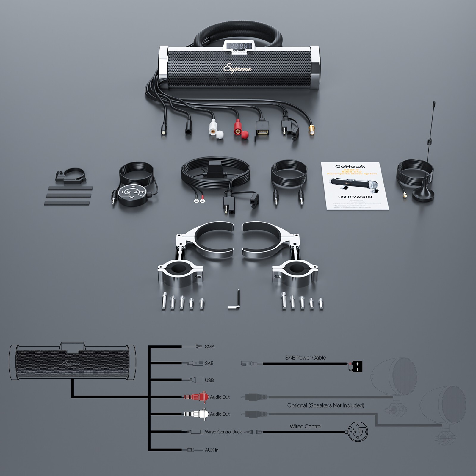 Waterproof Bluetooth Motorcycle Stereo 6 Speaker Soundbar Audio System USB Radio