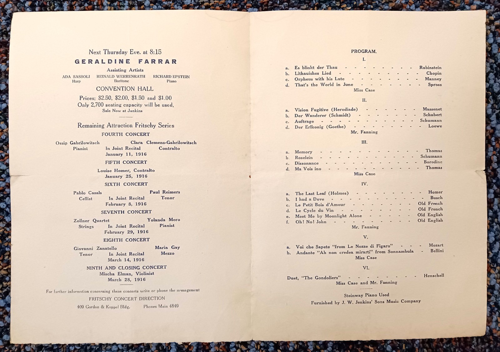 Anna Case Soprano 1915 Program Fritchie Concert Kansas City Thomas Edison RARE