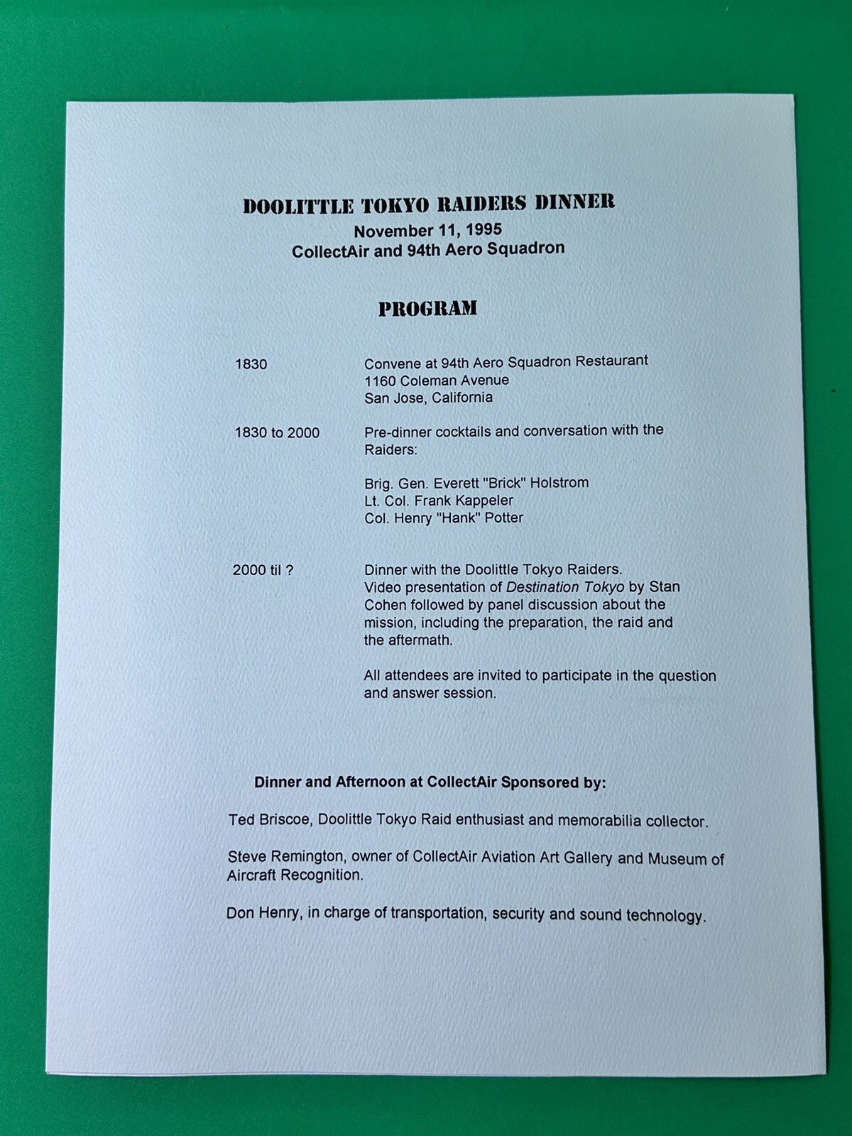 Signed Doolittle Tokyo Raiders Dinner Program - by Holstrom+Potter+Kappeler