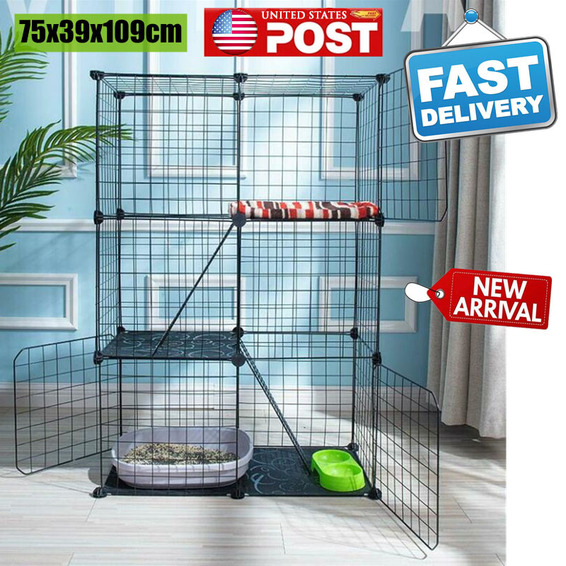 3 Tier Large Folding Collapsible Pet Cat Wire Cage For Indoor Outdoor Play Sleep