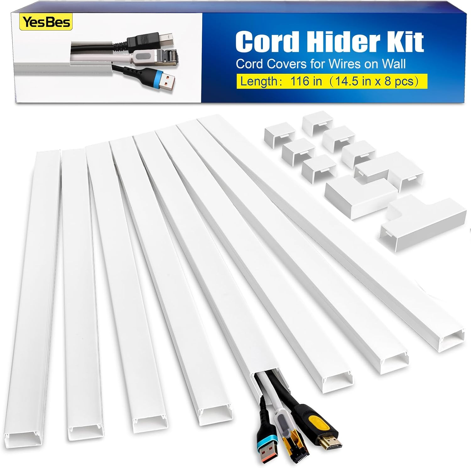 116in Cord Cover Raceway Kit Wall Cable Hider Self Adhesive Paintable PVC