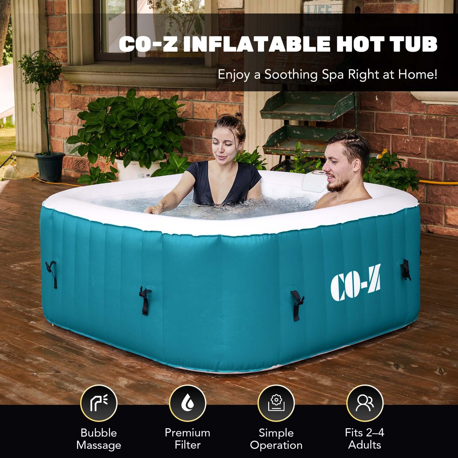 CO-Z Inflatable Spa Tub w 120 Air Jets Heater Air Pump Outdoor Square Hot Tub