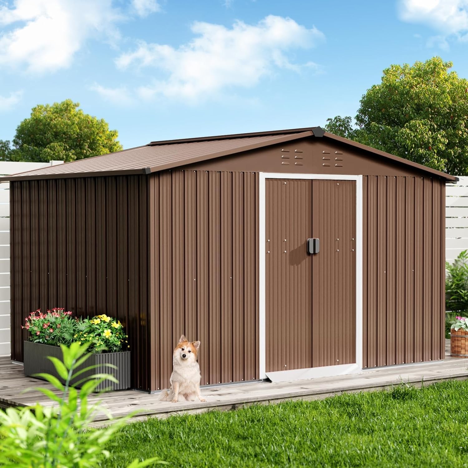 10x12 ft Metal Outdoor Storage Shed Galvanized Garden Shed with Lockable Doors