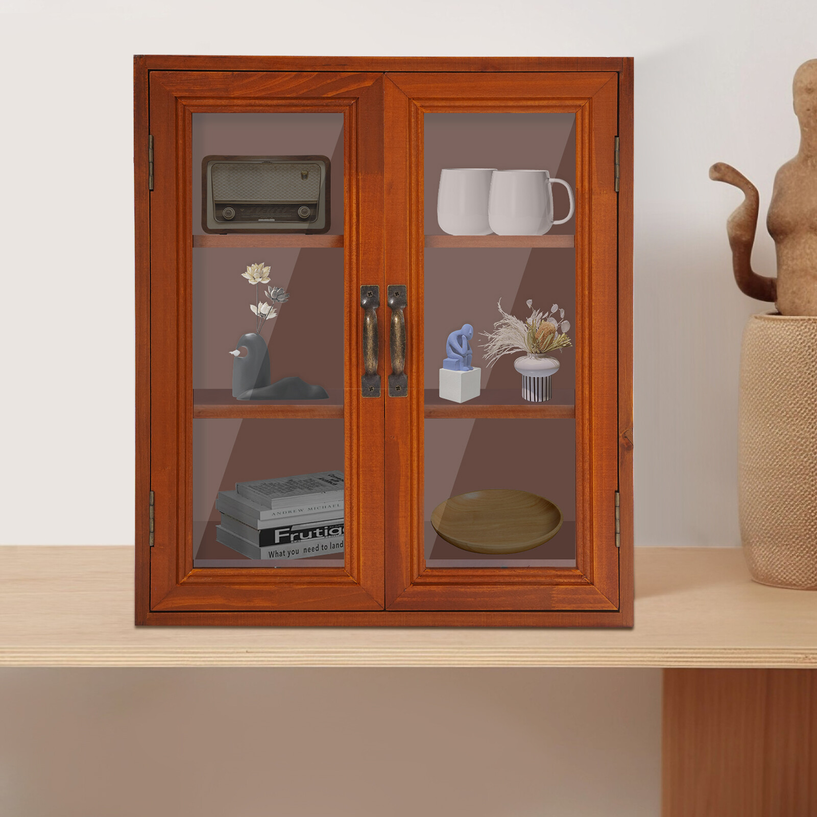 12.09*4.72*14.17in Brown Solid Wood& Acrylic Freestanding 3-tier Storage Cabinet