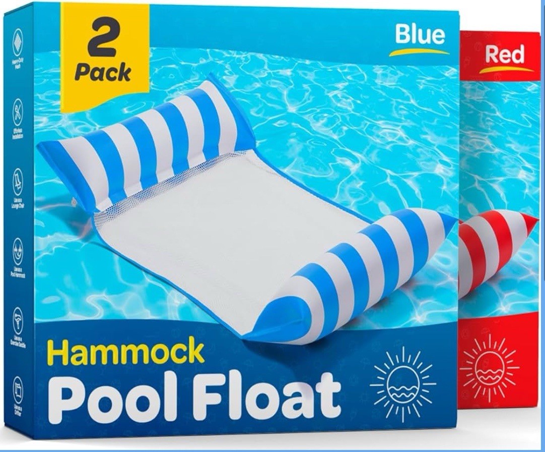 2 Pack Multi-Purpose Inflatable Hammock Pool Floats Adults Red Blue 44in X 26in