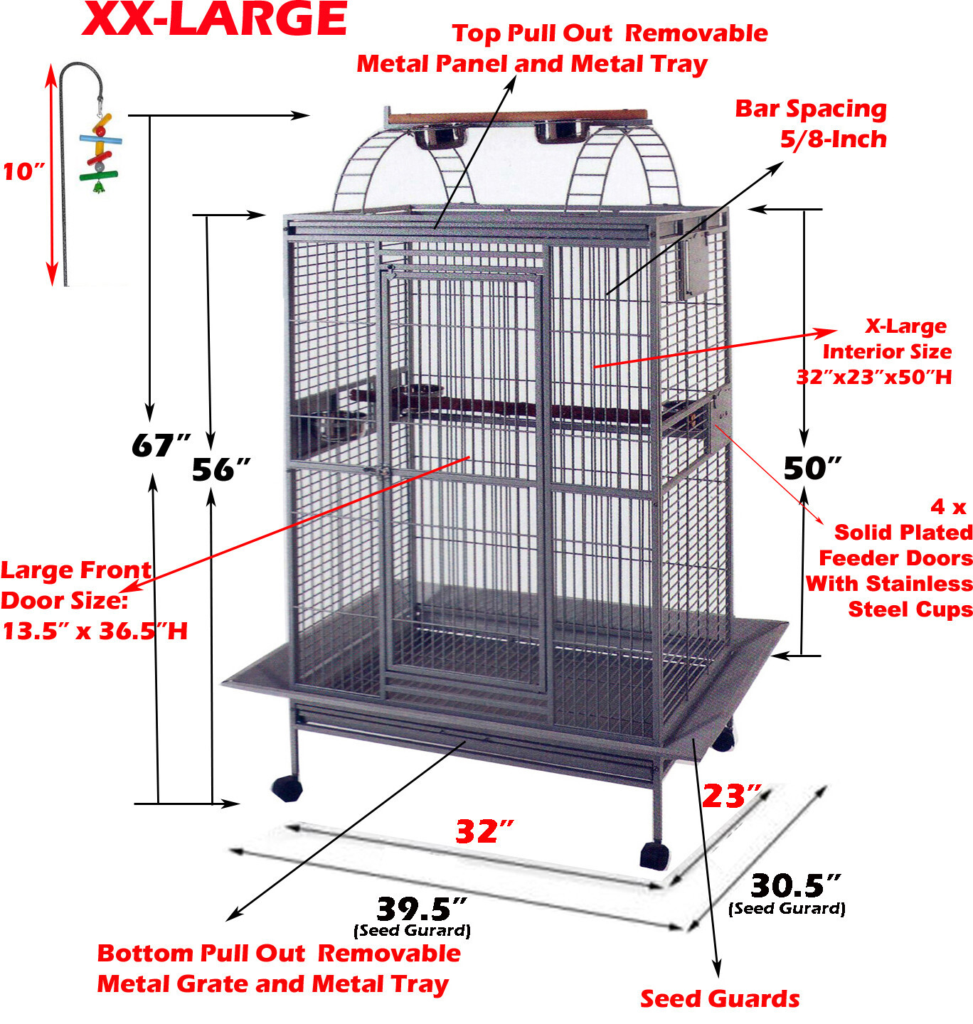 32"Lx23"Wx66"H EXTRA LARGE Parrot Cage For Macaw Cockatoo African Grey Finch 195