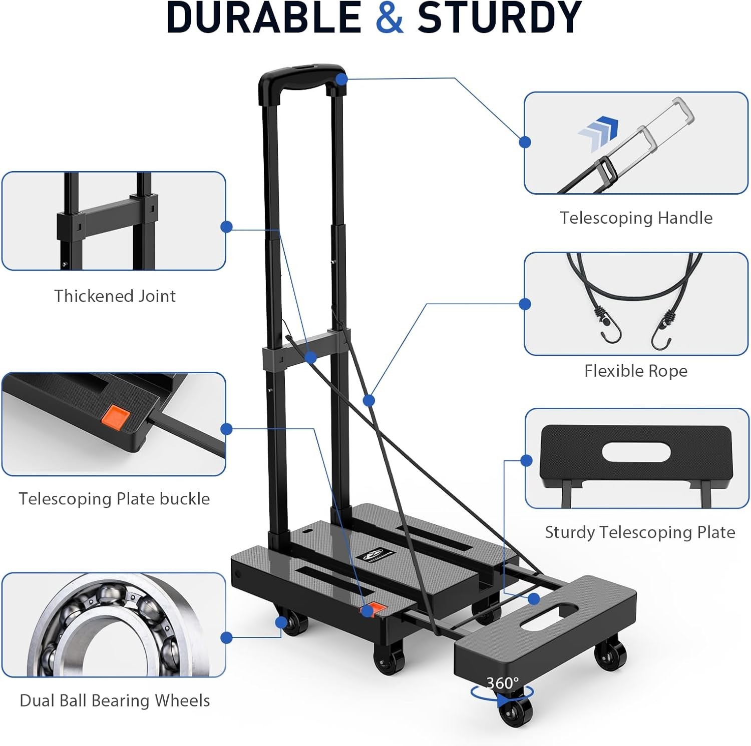 Folding Hand Truck, 500 LB Heavy Duty Luggage Cart, Utility Dolly Platform Cart