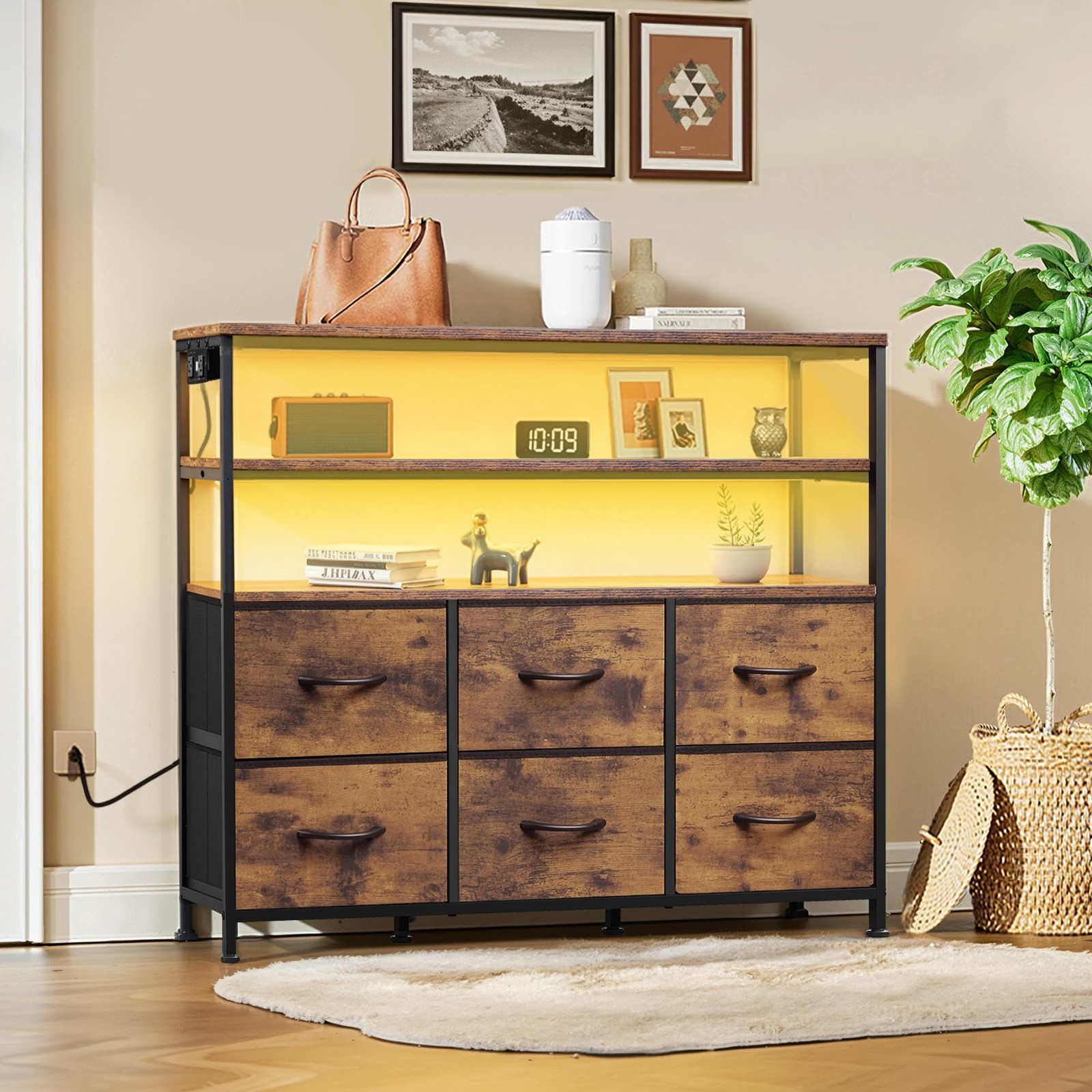 TV Stand for 40 45 inch TV with LED Lights Charging Station 6 Drawers