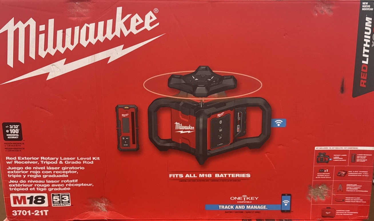 Milwaukee 3701-21t M18 18V Rotary Laser Kit w/ Receiver Tripod & Grade Rod Red
