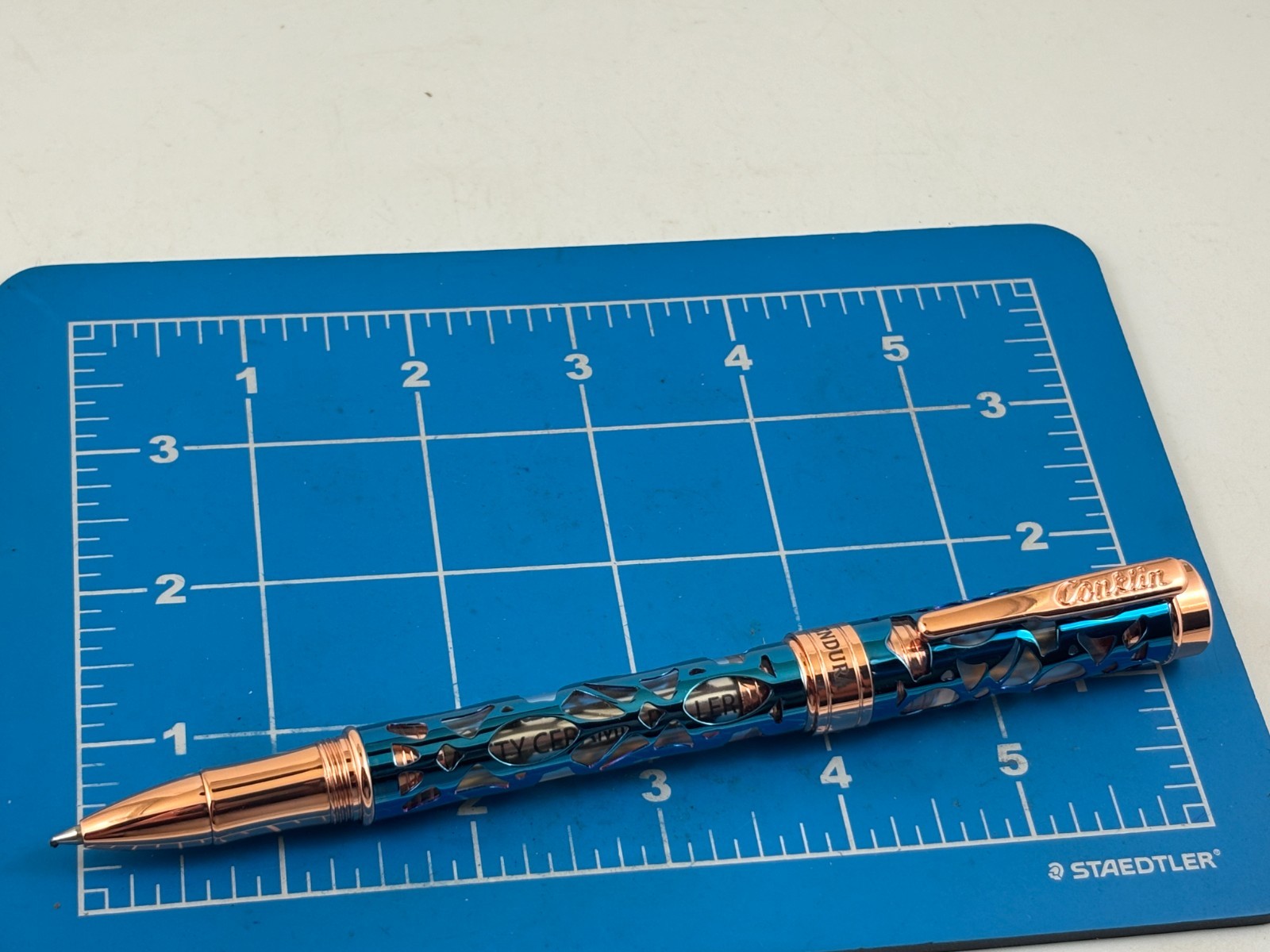 Judd's NEW Conklin Endura Deco Crest Demo Blue Rose Gold Rollerball Pen