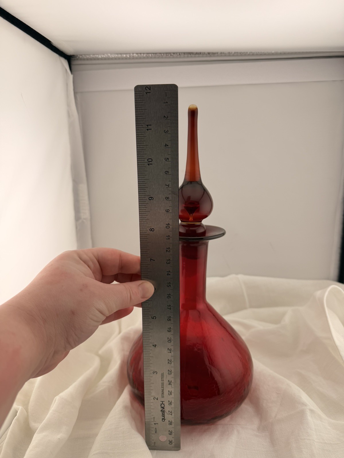 Vintage Blenko Red Glass Decanter Hand Blown Mid Century Modern Art Glass Ruby