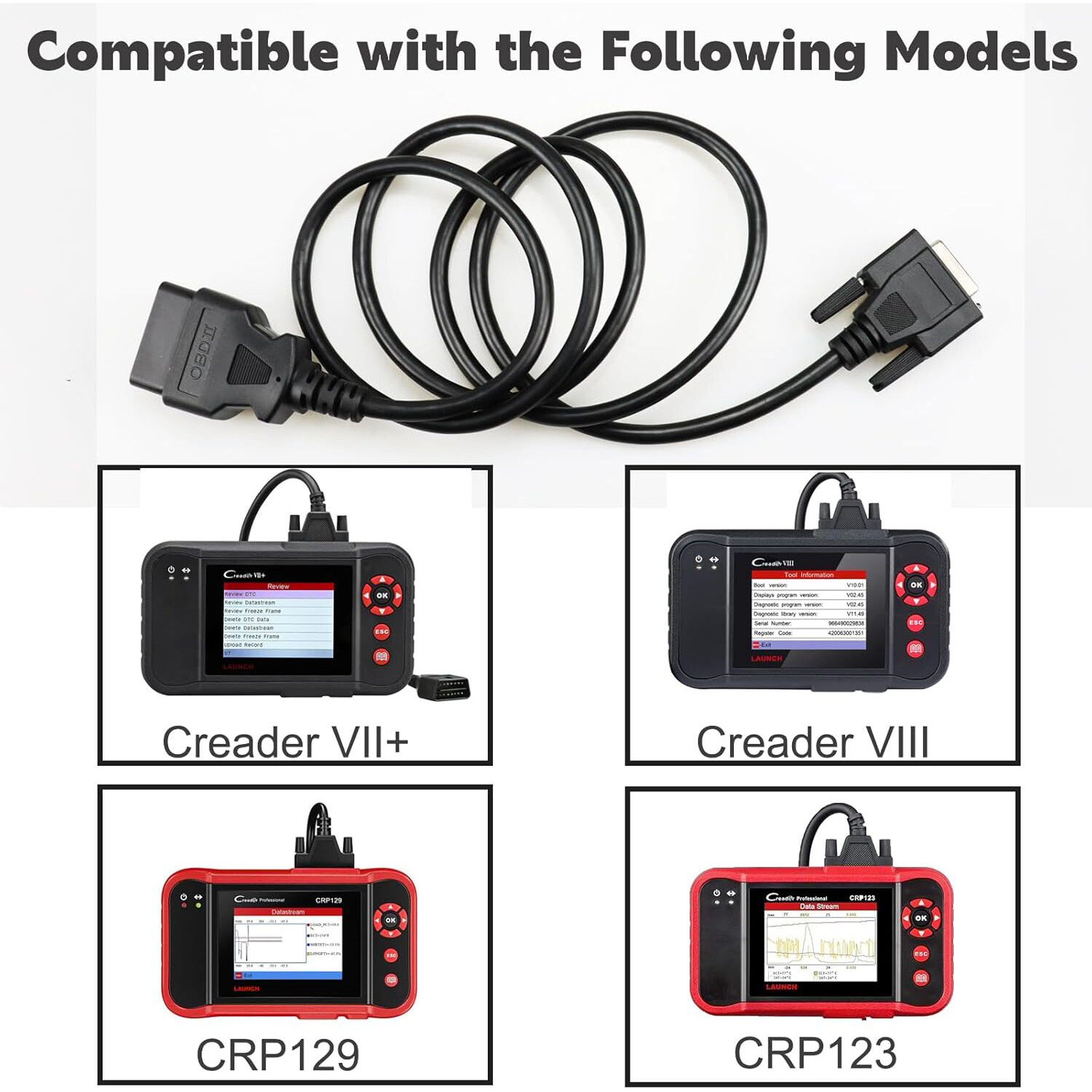 OBD2 OBDII Cable For Launch CRP 123 X Pro Creader VII+ & CRP 129 VIII Scan Tool