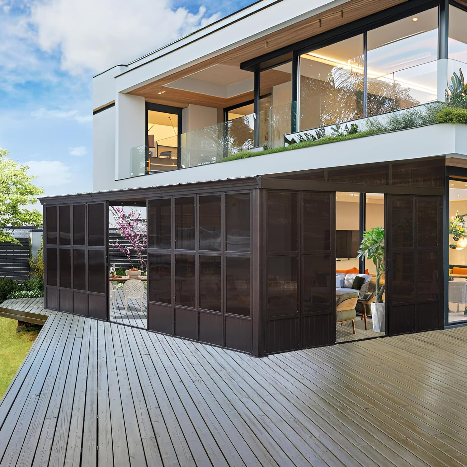 Domi 12x20FT Wall-Mounted Sunroom Gazebo, Steel Roof, Moveable PC Screen, Patio